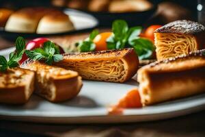 un' piatto con pane e verdure su esso. ai-generato foto