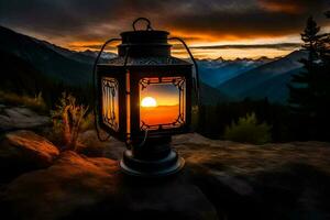 un' lanterna è illuminato su a tramonto nel il montagne. ai-generato foto