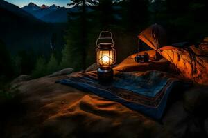 un' lanterna si siede su un' roccia nel il mezzo di un' foresta. ai-generato foto