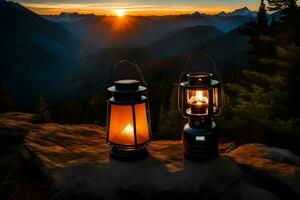 Due lanterne su un' montagna a tramonto. ai-generato foto