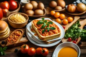 un' varietà di Alimenti Compreso uova, pomodori, pane e formaggio. ai-generato foto