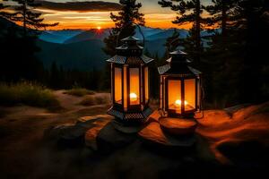 il lanterne siamo illuminato su nel il montagne a tramonto. ai-generato foto