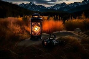 un' lanterna e telecamera su un' montagna a tramonto. ai-generato foto