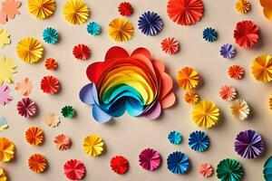 colorato carta fiori disposte nel un' arcobaleno forma. ai-generato foto