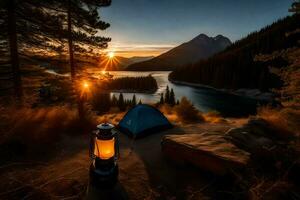 il sole imposta al di sopra di il lago e montagne nel il sfondo. ai-generato foto