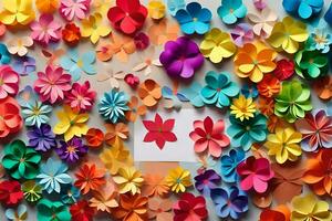 un' colorato carta fiore parete con un' carta nel il mezzo. ai-generato foto
