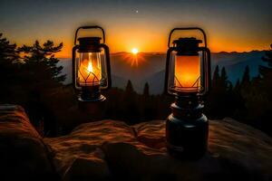 Due lanterne su superiore di un' montagna a tramonto. ai-generato foto