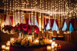 un' nozze ricezione con candele e fiori. ai-generato foto