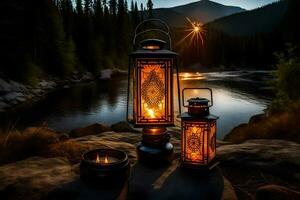 lanterne di il fiume. ai-generato foto