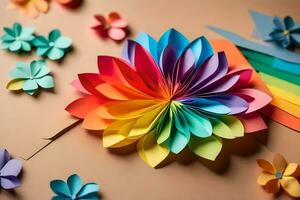 un' arcobaleno colorato fiore fatto a partire dal carta. ai-generato foto