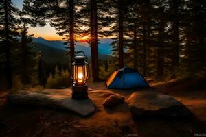 un' campeggio tenda e lanterna siamo impostato su nel il boschi a tramonto. ai-generato foto