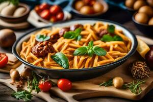 pasta con carne e verdure nel un' ciotola. ai-generato foto