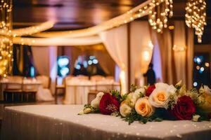 un' nozze ricezione tavolo con fiori e candele. ai-generato foto