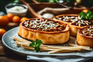 tre mini pizze su un' piatto con formaggio e parmigiano. ai-generato foto