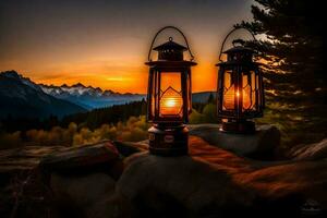 Due lanterne su un' roccia nel davanti di un' tramonto. ai-generato foto