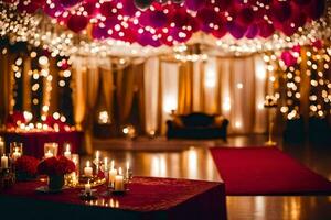un' rosso tavolo con candele e palloncini. ai-generato foto