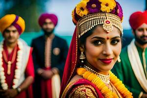 un' bellissimo indiano sposa con sua damigelle. ai-generato foto