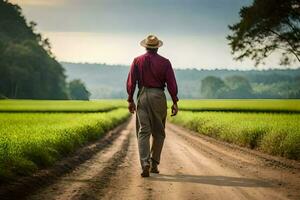 un' uomo nel un' cappello passeggiate giù un' sporco strada. ai-generato foto