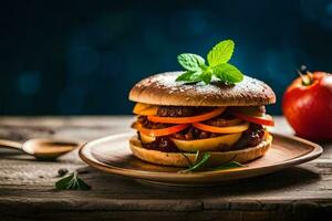 un' Hamburger con verdure e pomodori su un' di legno piatto. ai-generato foto