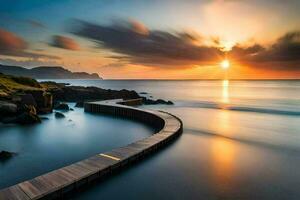 un' di legno passerella conduce per il oceano a tramonto. ai-generato foto