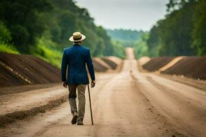 un' uomo nel un' completo da uomo e cappello a piedi giù un' sporco strada. ai-generato foto