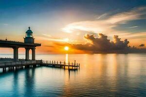 un' faro sta su il molo a tramonto. ai-generato foto