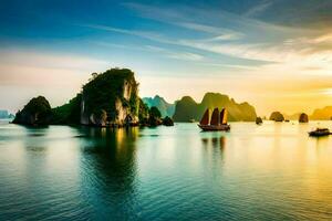 il sole imposta al di sopra di il acqua nel halong baia, Vietnam. ai-generato foto