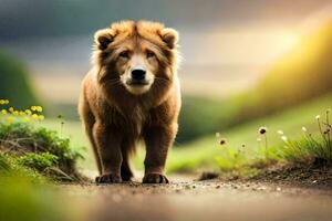 un' Leone a piedi su un' sporco strada nel il mezzo di un' campo. ai-generato foto