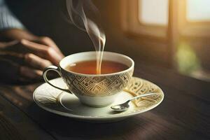 un' tazza di tè su un' di legno tavolo. ai-generato foto