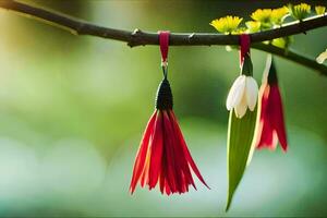 rosso e bianca fiori sospeso a partire dal un' albero ramo. ai-generato foto