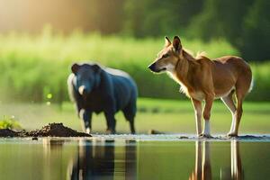 un' Marrone cane e un' nero orso in piedi nel il acqua. ai-generato foto