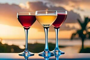 tre bicchieri di vino con tramonto nel il sfondo. ai-generato foto
