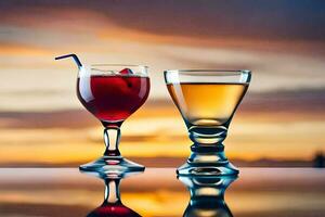 Due bicchieri di alcool con un' tramonto nel il sfondo. ai-generato foto