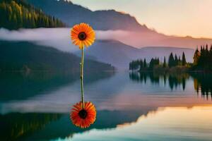 un' singolo fiore sta nel il mezzo di un' lago. ai-generato foto