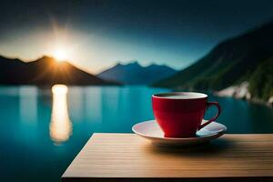 caffè tazza su il tavolo, lago, montagne, Alba, Alba, il sole, il. ai-generato foto