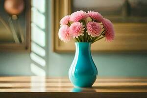 un' blu vaso con rosa fiori seduta su un' tavolo. ai-generato foto