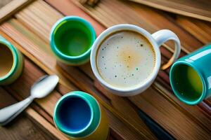 un' tazza di caffè e quattro colorato tazze. ai-generato foto