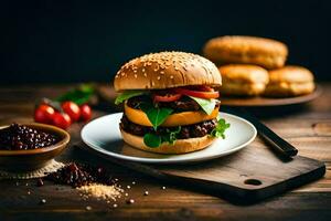 un' Hamburger con pomodori e lattuga su un' di legno tavolo. ai-generato foto