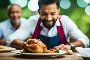 un' uomo è preparazione un' arrosto pollo su un' piatto. ai-generato foto