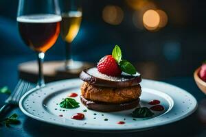 un' piatto con un' dolce e un' bicchiere di Champagne. ai-generato foto