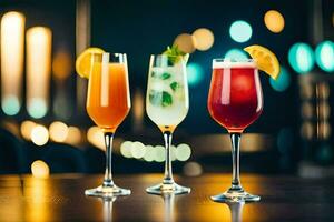 tre diverso tipi di alcolizzato bevande su un' bar contatore. ai-generato foto