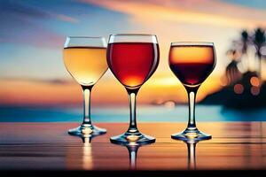 tre bicchieri di vino su un' tavolo con il tramonto nel il sfondo. ai-generato foto