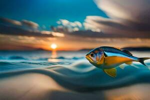 un' pesce nuoto nel il oceano a tramonto. ai-generato foto