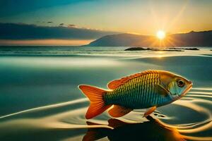 un' pesce è in piedi su il spiaggia a tramonto. ai-generato foto