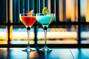 Due colorato cocktail su un' tavolo con un' finestra nel il sfondo. ai-generato foto