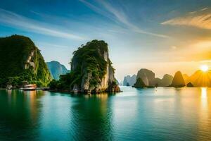 il sole imposta al di sopra di il acqua nel halong baia, Vietnam. ai-generato foto