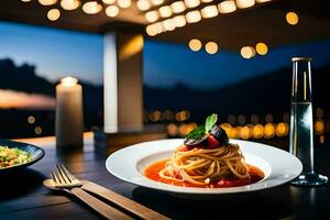 spaghetti e insalata su un' tavolo a notte. ai-generato foto