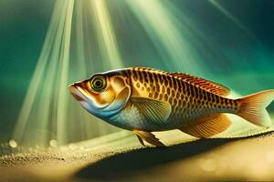 un' pesce è in piedi su il sabbia con luce del sole splendente. ai-generato foto