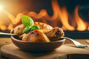 pollo nel un' di legno ciotola con un' cucchiaio e un' fuoco nel il sfondo. ai-generato foto