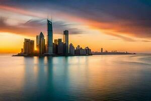 il città orizzonte è riflessa nel il acqua a tramonto. ai-generato foto